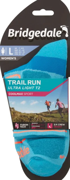 Bridgedale Womens Trail Run Ultralight T2 Coolmax Sport 3/4 Crew Socks - Blue New