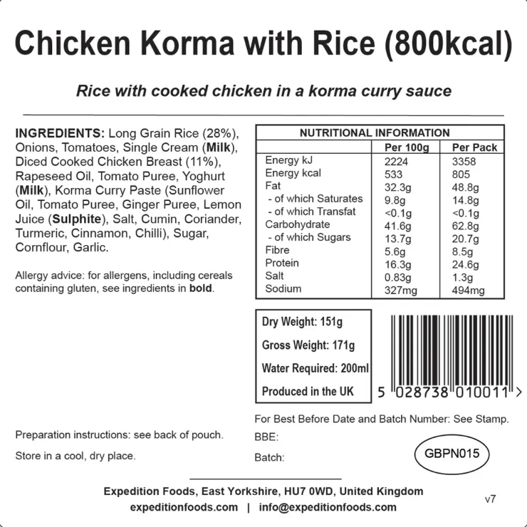 Expedition Foods Chicken Korma with Rice - 800kcal Discount