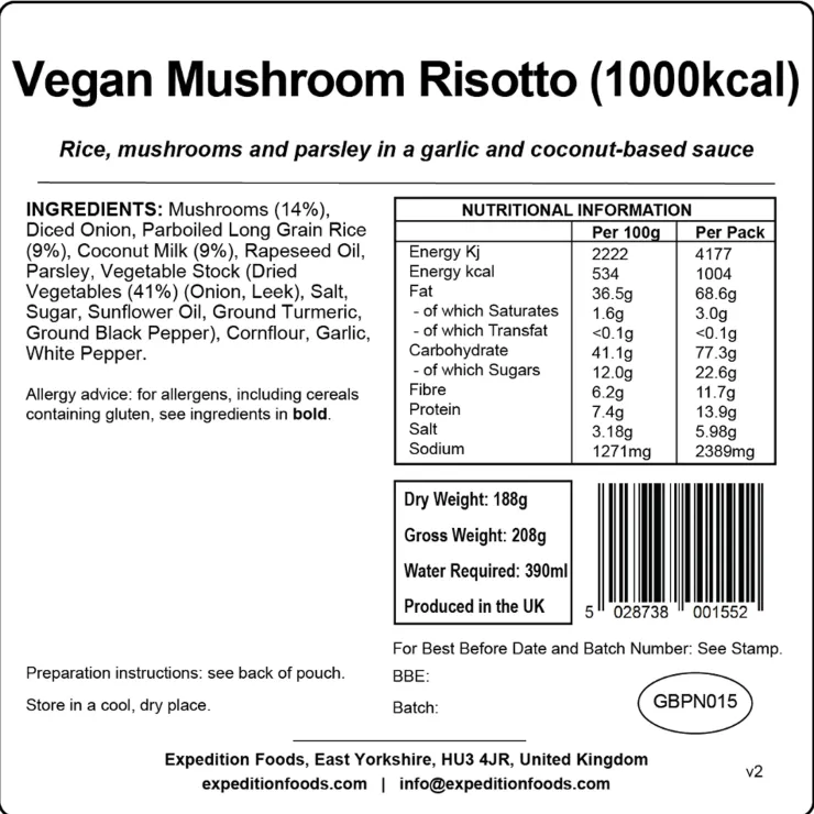 Expedition Foods Vegan Mushroom Risotto - 1000kcal Sale
