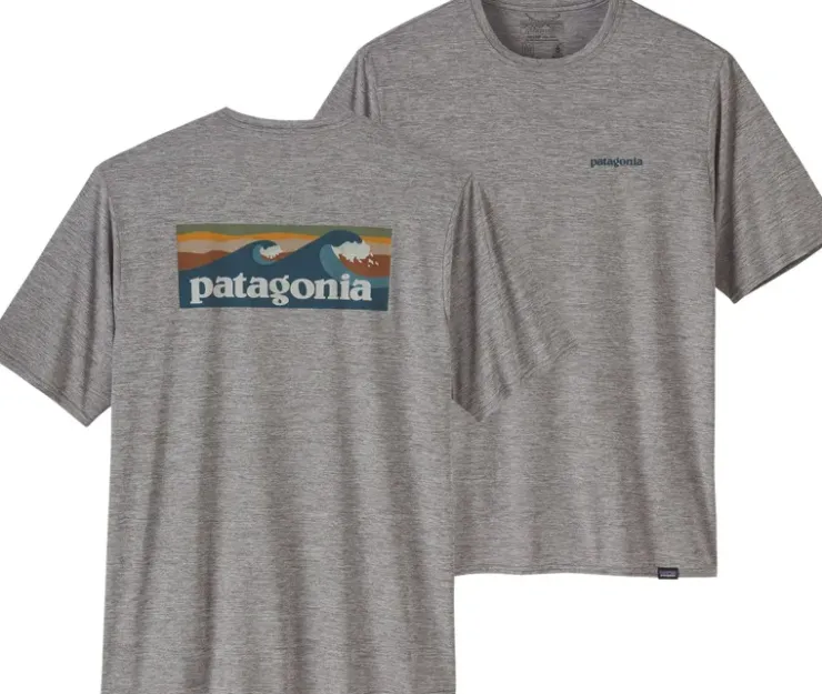 Patagonia Mens Cap Cool Daily Graphic Shirt - Waters - Boardshort Logo Abalone Blue - Feather Grey Fashion