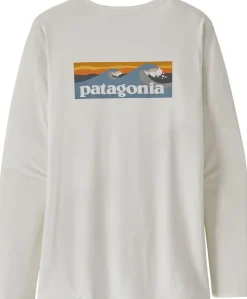 Patagonia Womens Long Sleeved Cap Cool Daily Graphic Shirt - Waters - Boardshort Logo Light Plume Grey-White Online