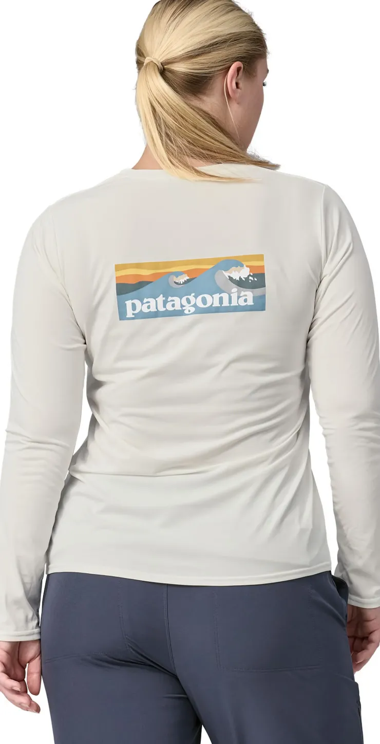 Patagonia Womens Long Sleeved Cap Cool Daily Graphic Shirt - Waters - Boardshort Logo Light Plume Grey-White Online