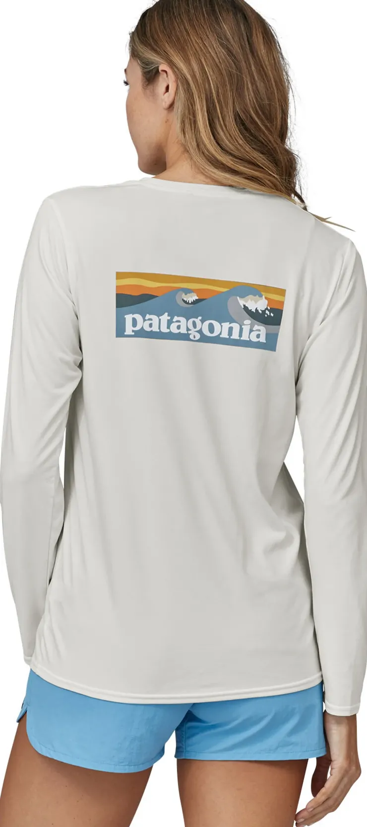 Patagonia Womens Long Sleeved Cap Cool Daily Graphic Shirt - Waters - Boardshort Logo Light Plume Grey-White Online