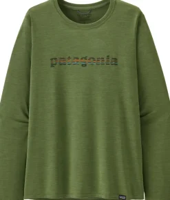 Patagonia Womens Long Sleeved Cap Cool Daily Graphic Shirt - 73 Text Logo-Terrain Green X-Dye Sale