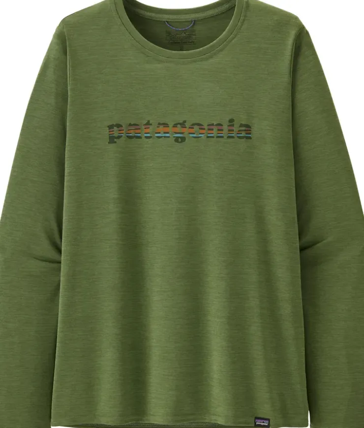 Patagonia Womens Long Sleeved Cap Cool Daily Graphic Shirt - 73 Text Logo-Terrain Green X-Dye Sale